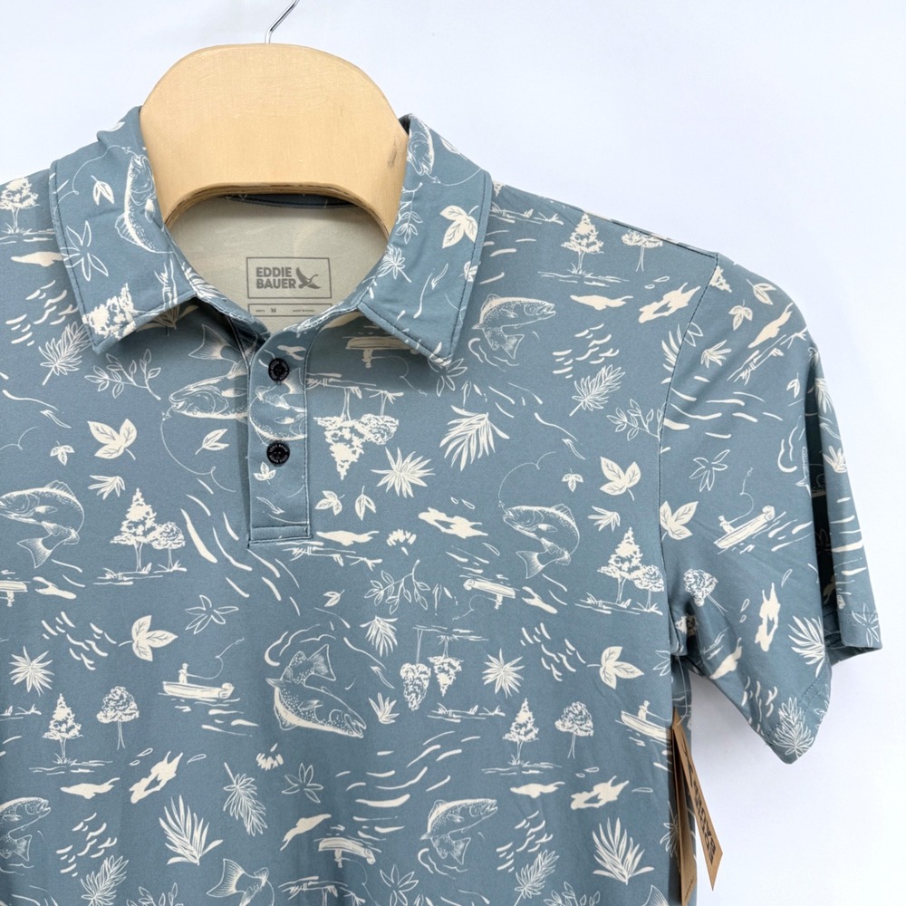 NEW Eddie Bauer Fountain Polo Mens Medium Polo Shirt Arona Blue Fishing Graphic